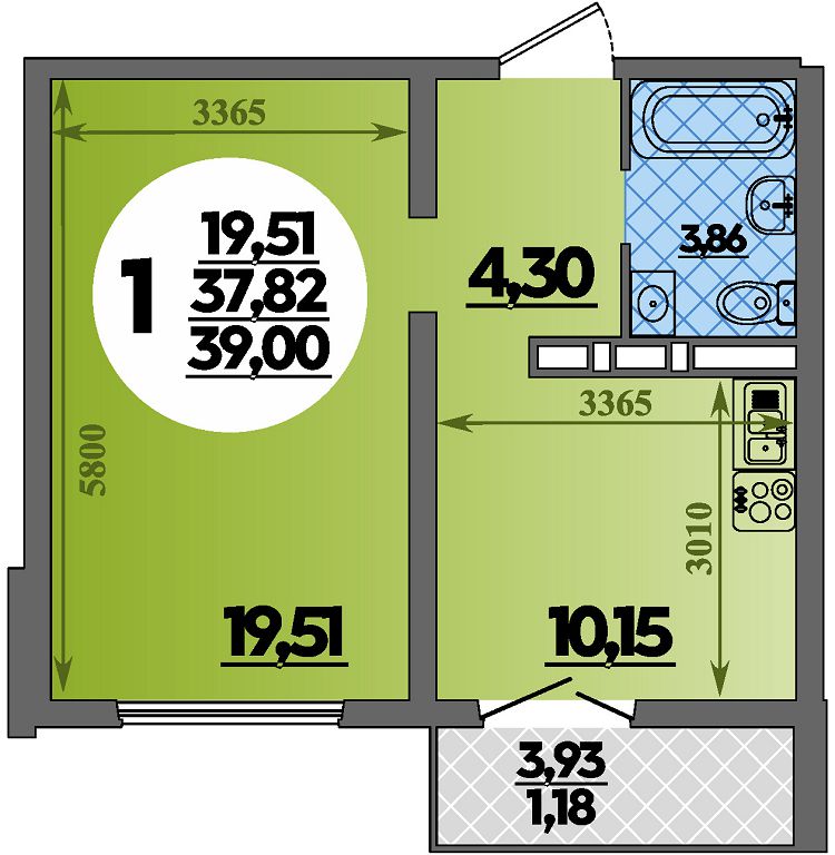 Планировка 1-комнатная 39 м²
