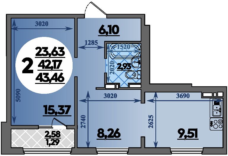 Планировка 2-комнатная 43,46 м²