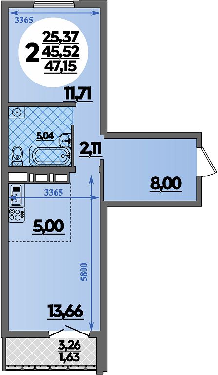 Планировка 2-комнатная 47,15 м²