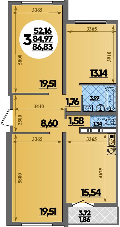 Планировка 3-комнатная 86,83 м²