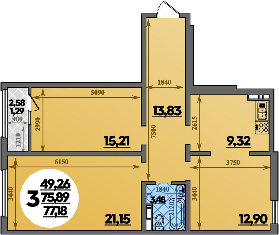 Планировка 3-комнатная 77,18 м²