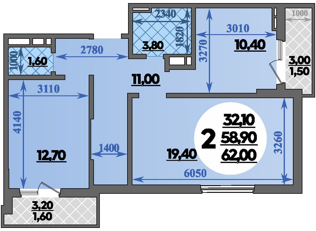 Планировка: 2-комн. квартира 62 м²