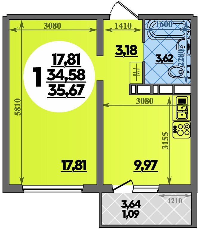 Планировка 1-комнатная 35,67 м²