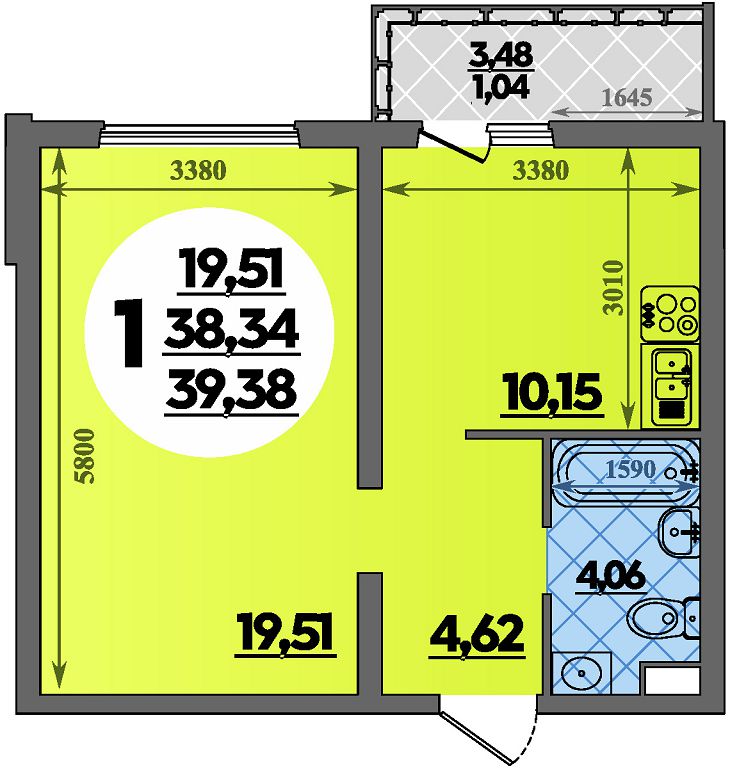 Планировка: 1-комн. квартира 39,4 м²
