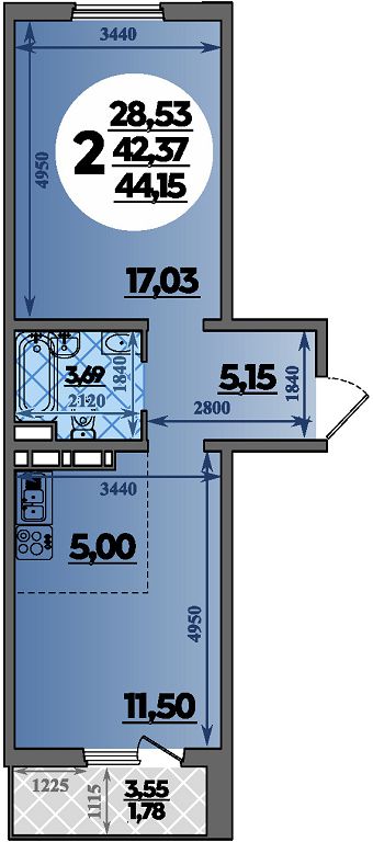 Планировка 2-комнатная 44,15 м²