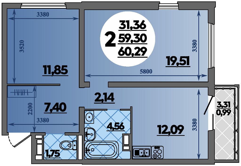 Планировка 2-комнатная 60,29 м²