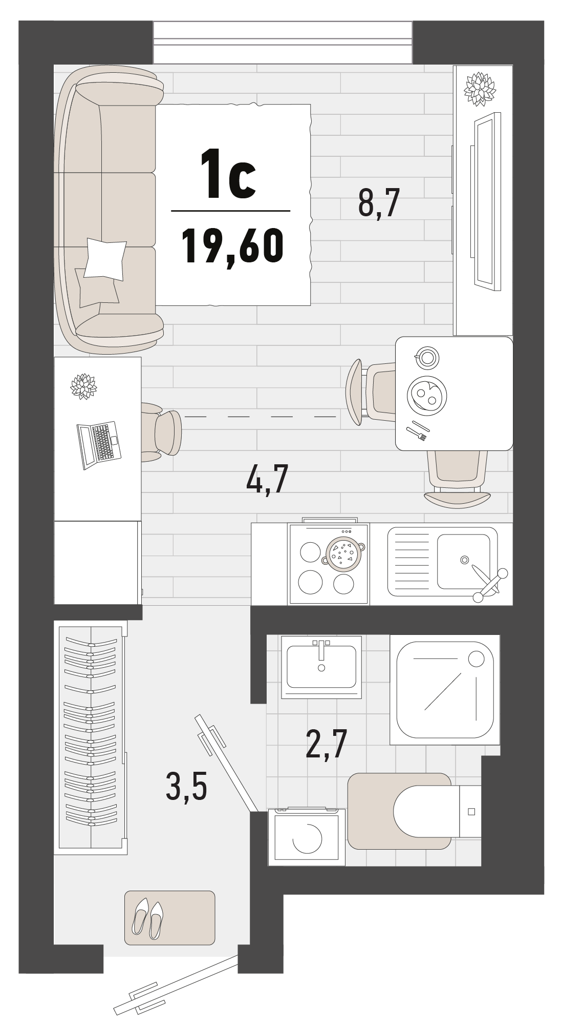 Квартира этаж 9, площадь 19.60 м2