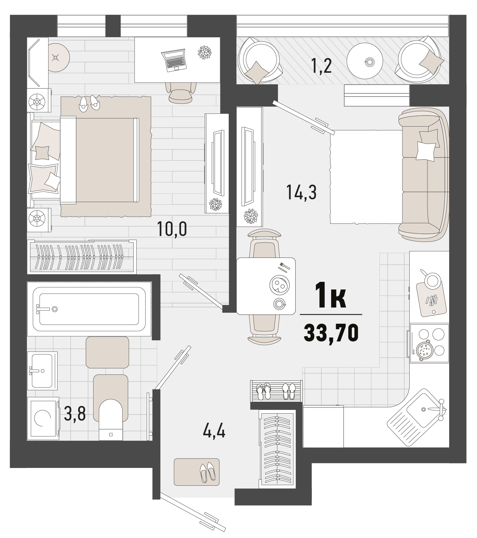 Квартира этаж 5, площадь 33.70 м2