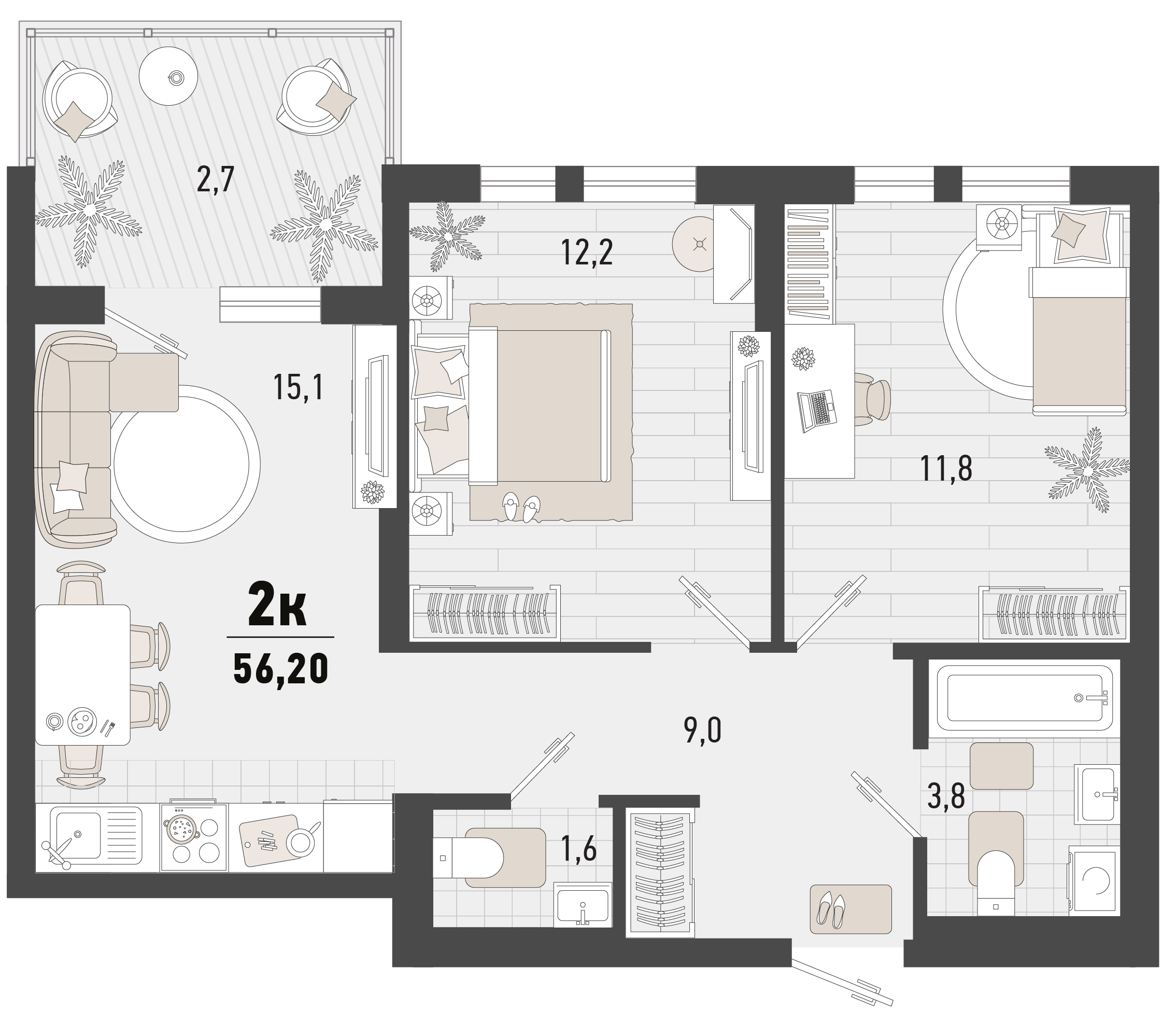 Квартира этаж 2, площадь 56.20 м2