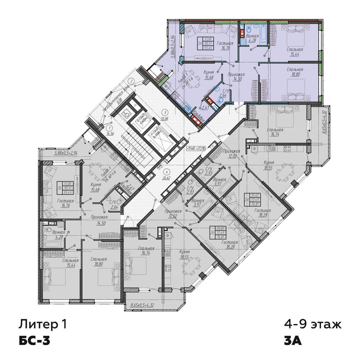 План 4 этажа, Литер 1, подъезд 3