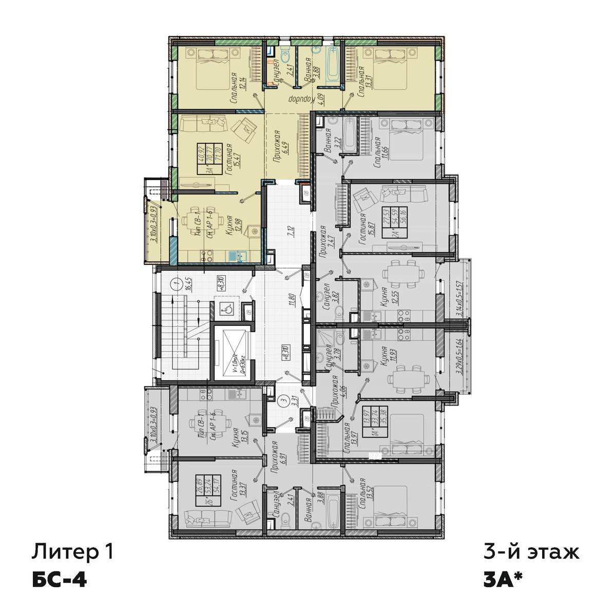 План 3 этажа, Литер 1, подъезд 4