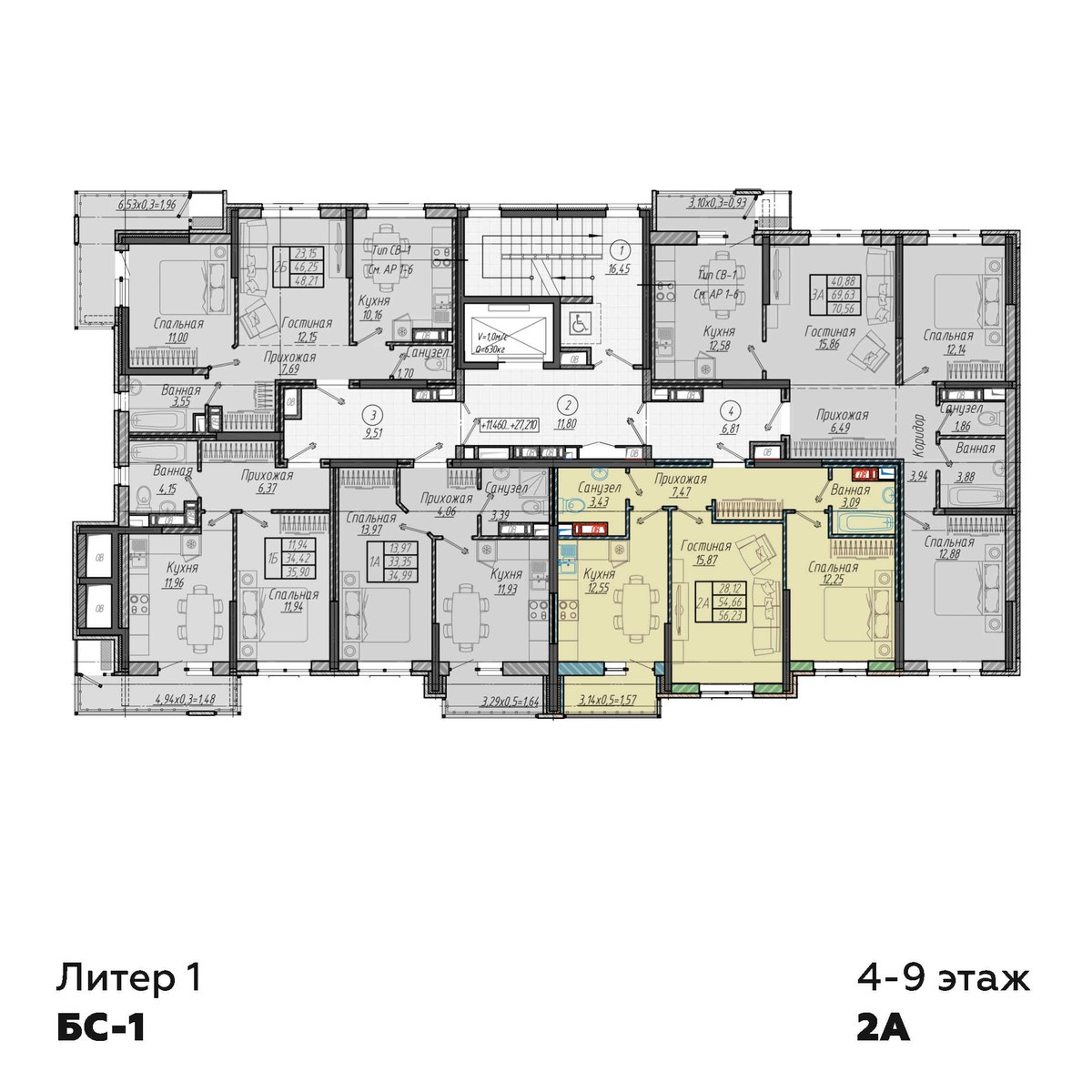 План 9 этажа, Литер 1, подъезд 4