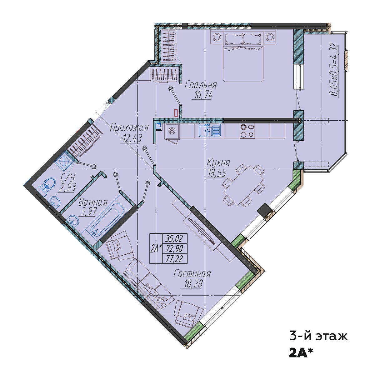 Планировка 2-комнатная 77,22 м²