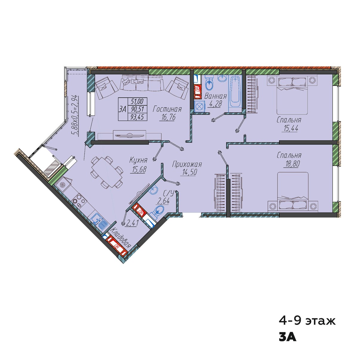 Планировка 3-комнатная 93,45 м²