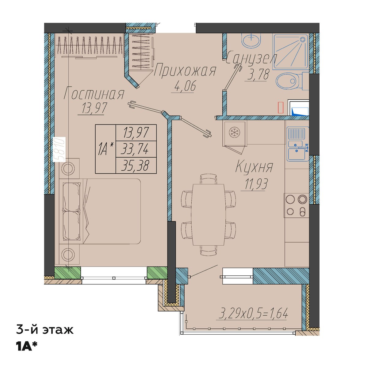 Планировка: 1-комн. квартира 35,4 м²