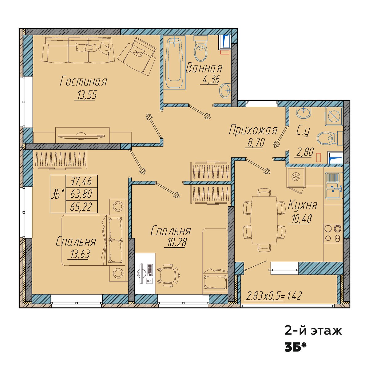 Планировка 3-комнатная 65,22 м²