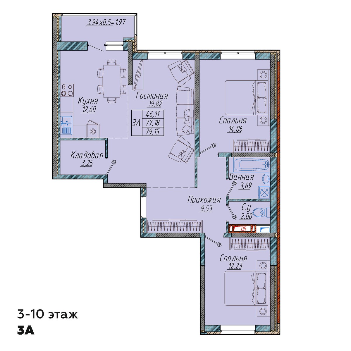 Планировка 3-комнатная 79,15 м²
