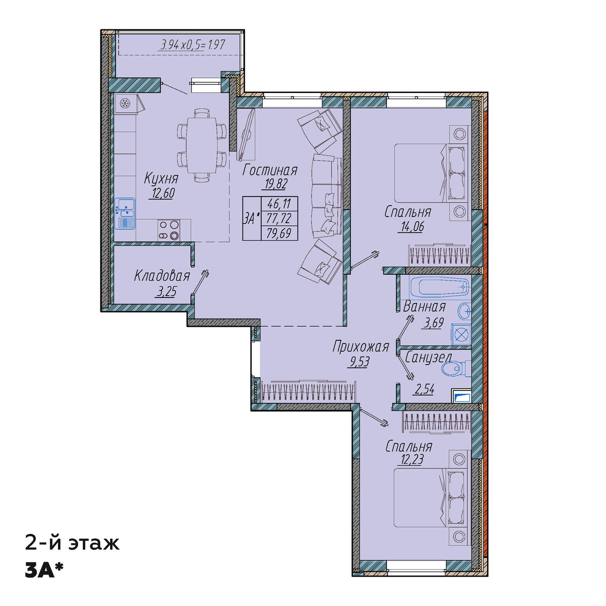 Планировка: 3-комн. квартира 79,7 м²