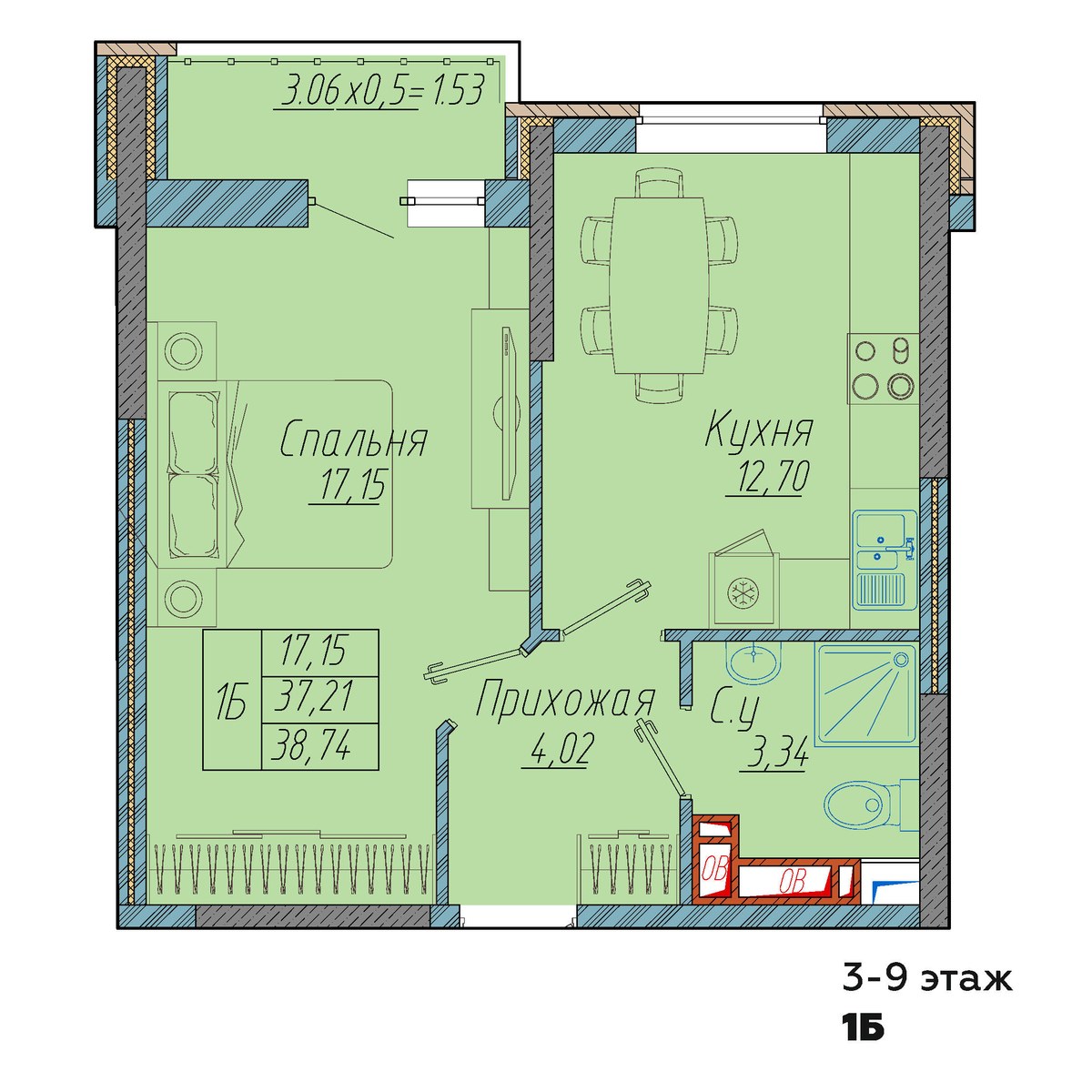 Планировка 1-комнатная 38,74 м²