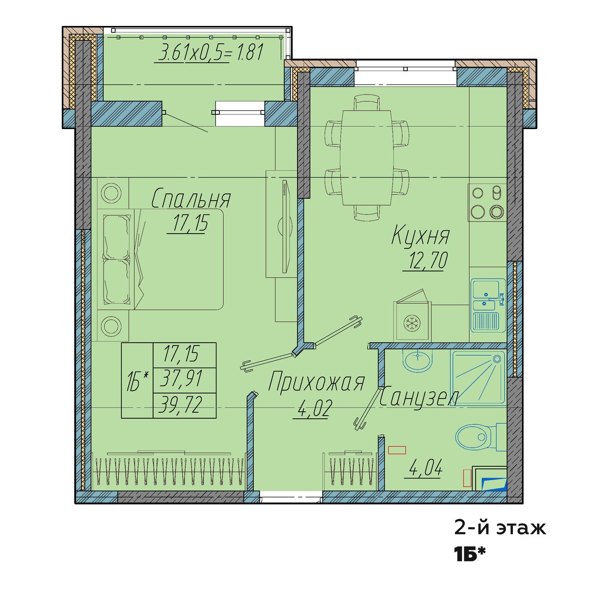 Планировка 1-комнатная 39,72 м²
