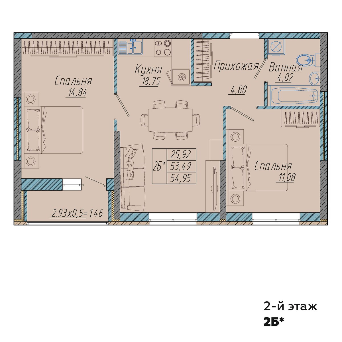 Планировка: 2-комн. квартира 55 м²