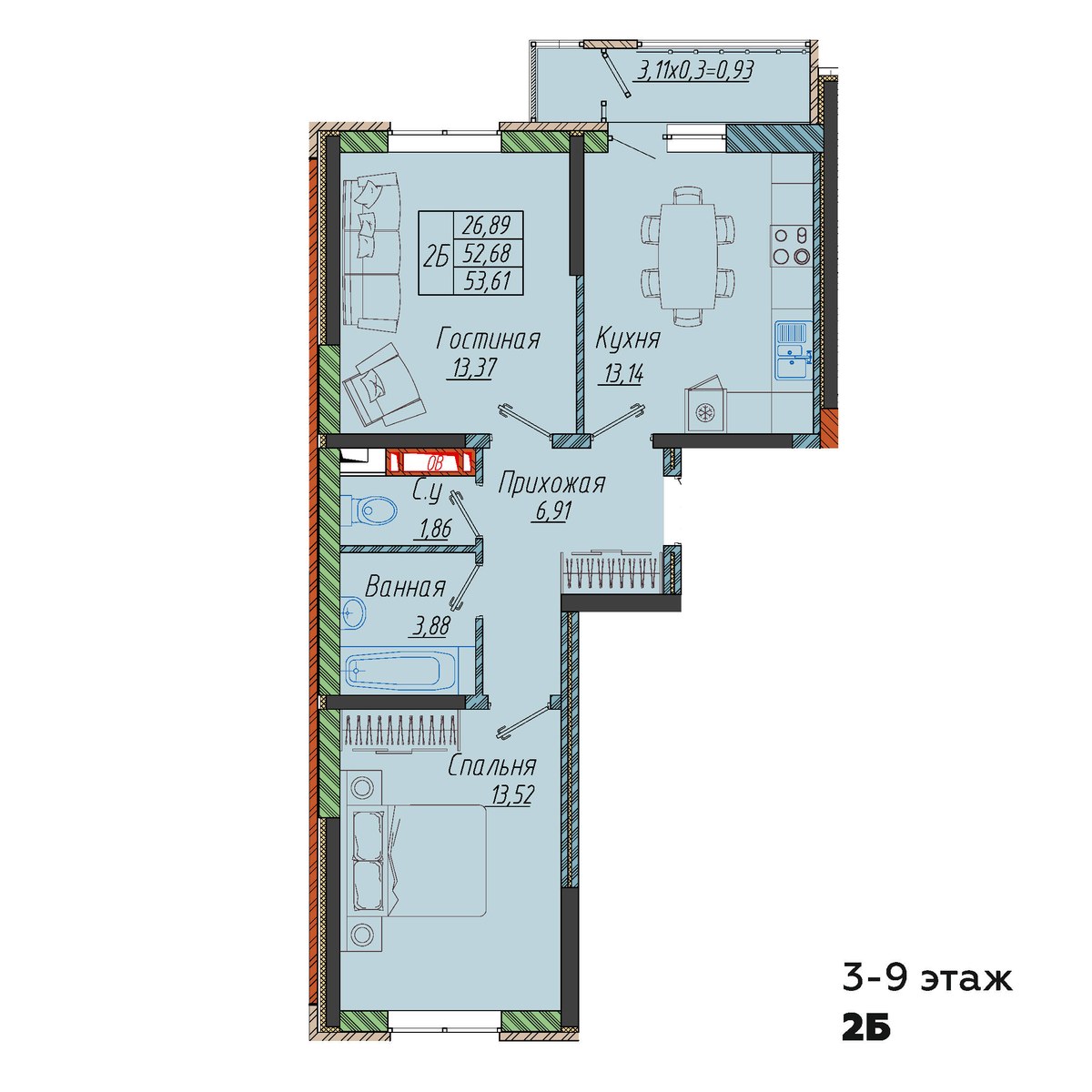 Планировка: 2-комн. квартира 53,6 м²