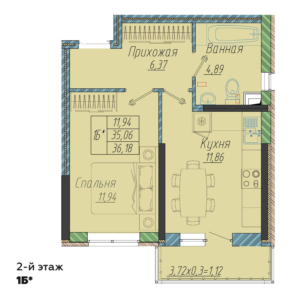 Планировка 1-комнатная 36,18 м²