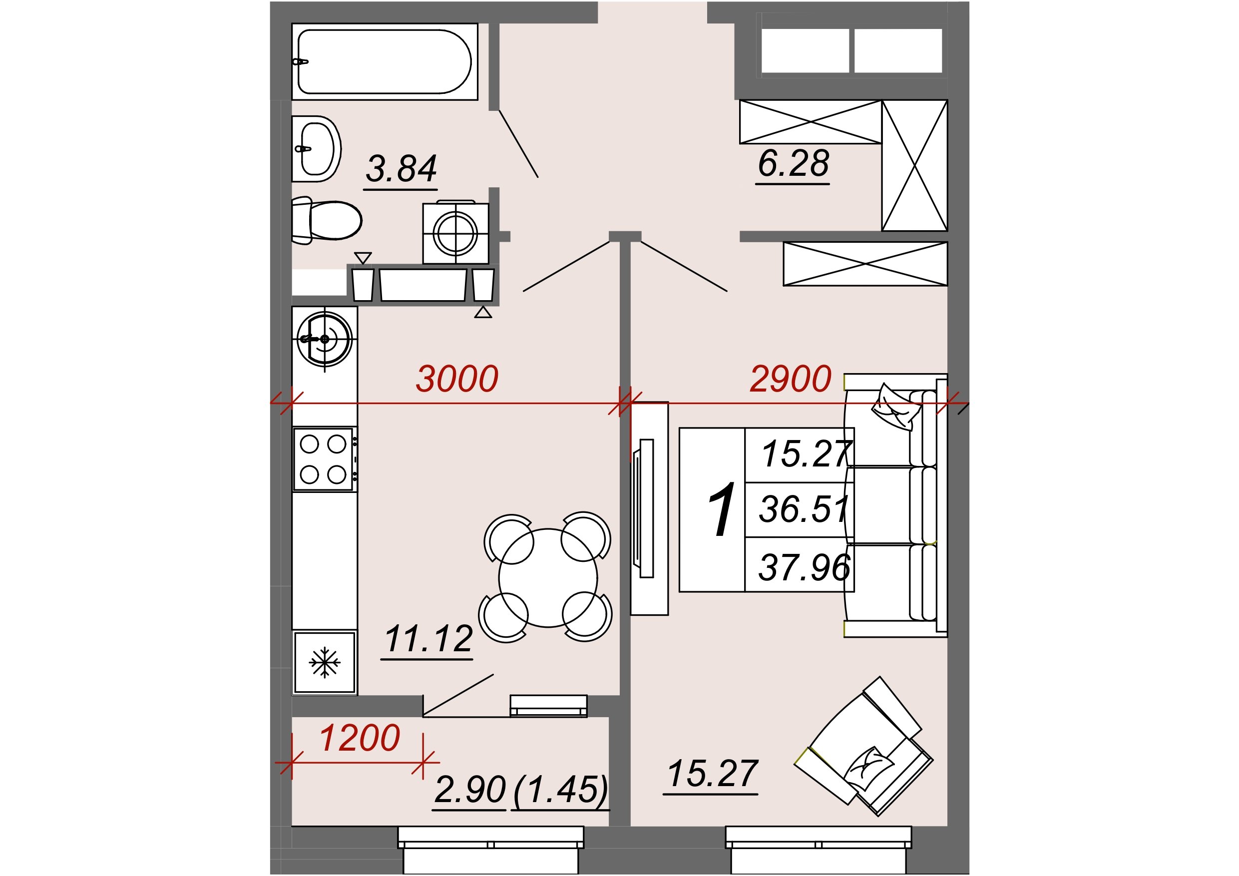 Квартира этаж 16, площадь 37.96 м2