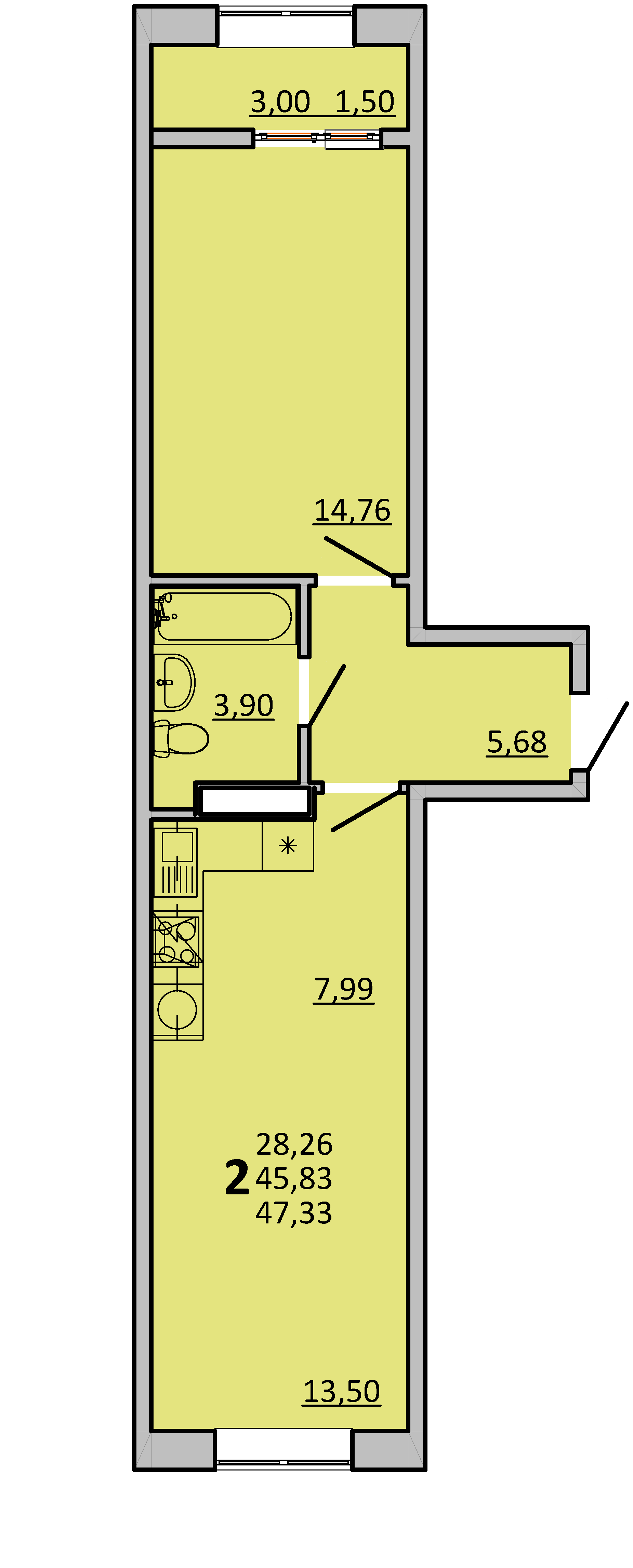 Квартира этаж 8, площадь 47.33 м2