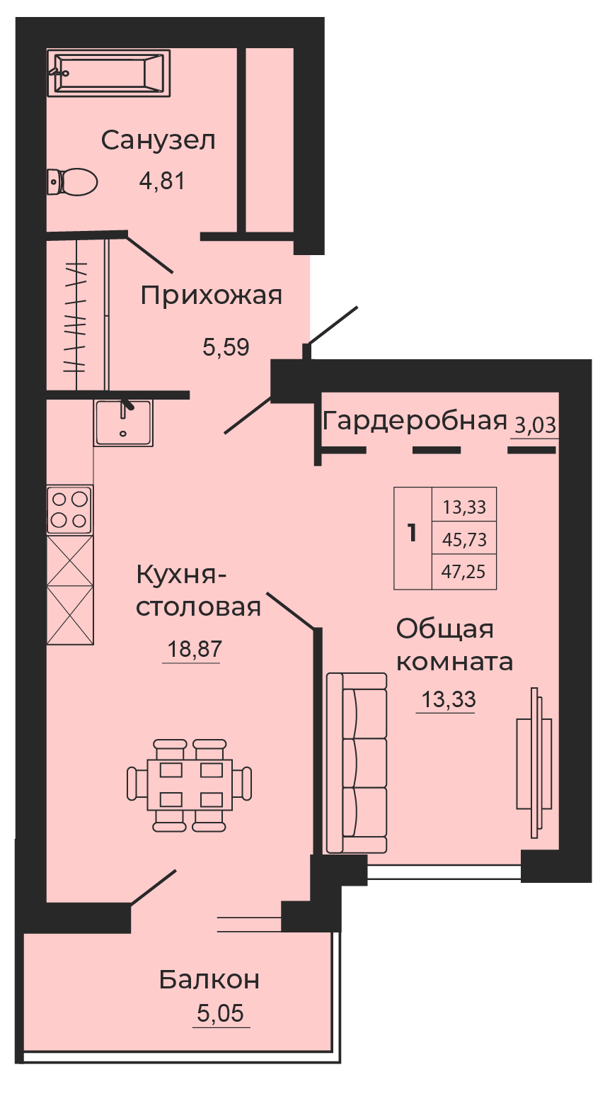 Квартира этаж 22, площадь 47.25 м2