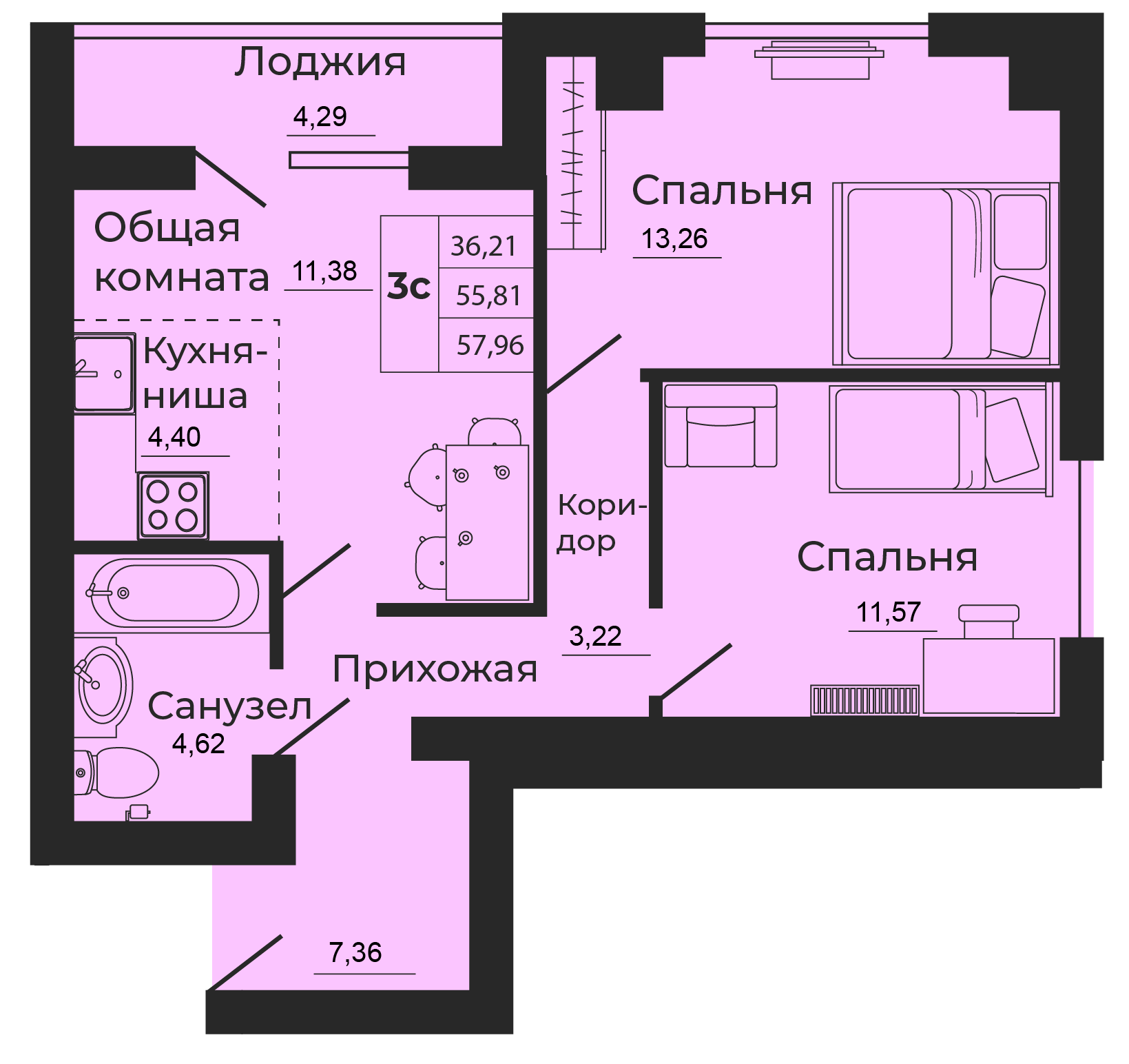 Квартира этаж 13, площадь 57.96 м2