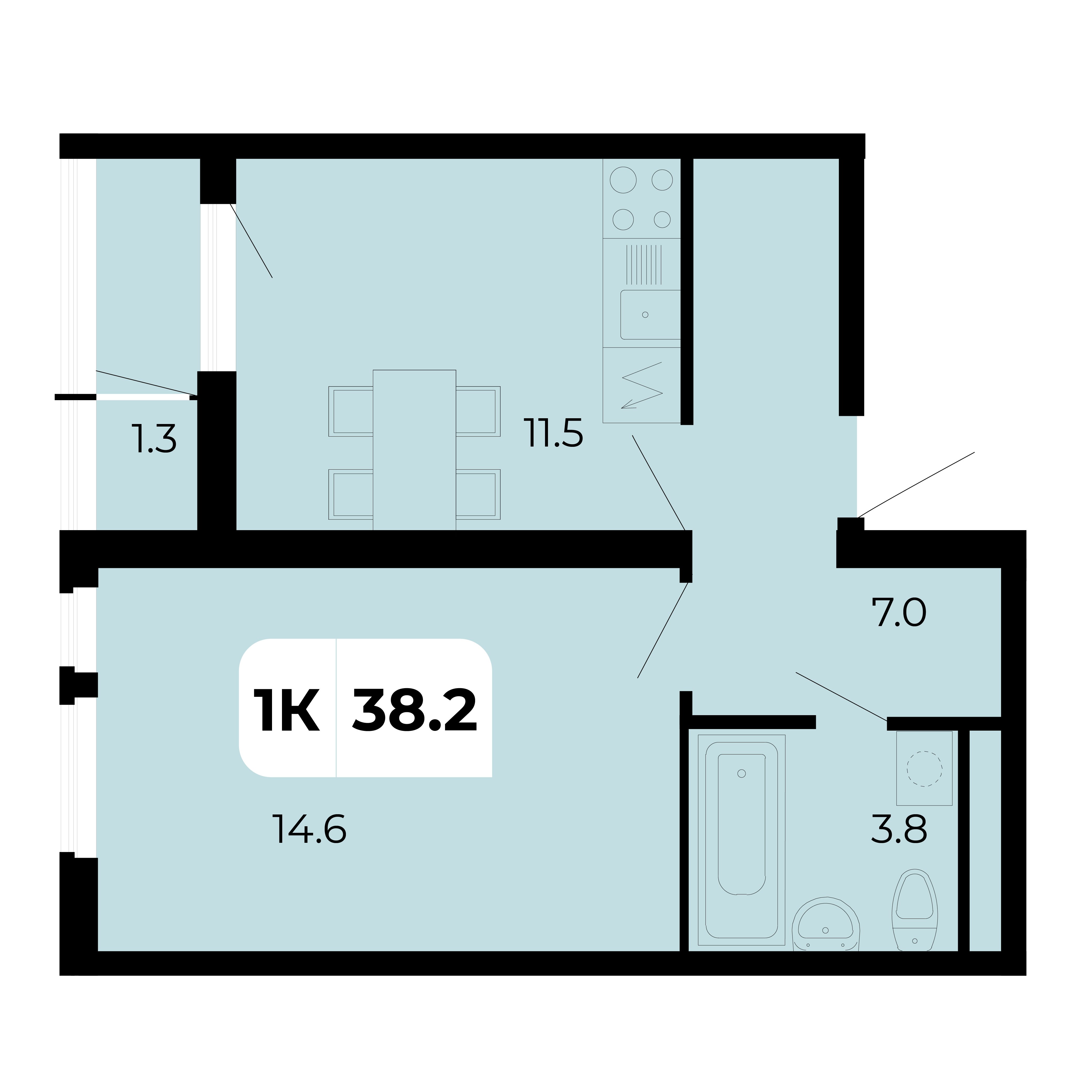 Квартира этаж 14, площадь 38.20 м2