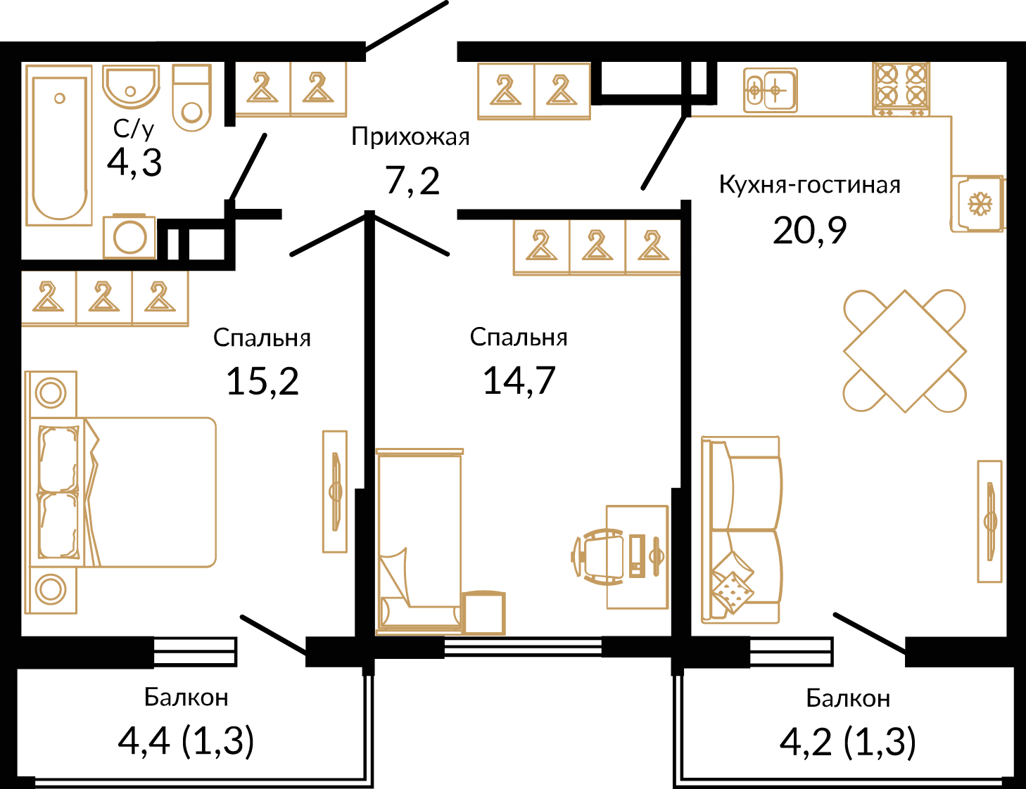 Квартира этаж 14, площадь 64.70 м2