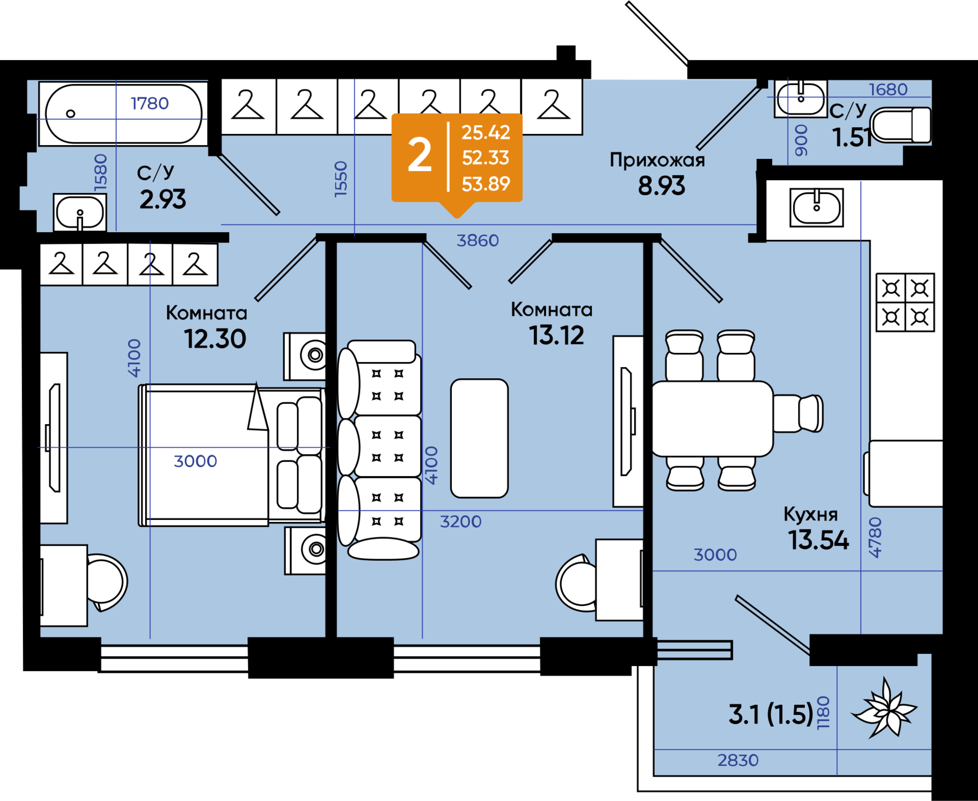 Квартира этаж 1, площадь 53.89 м2