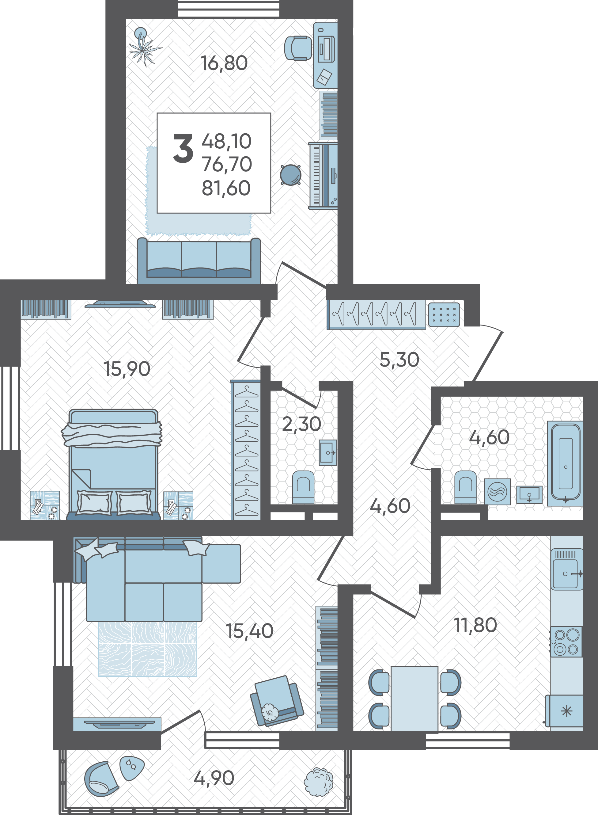 Квартира этаж 3, площадь 81.60 м2