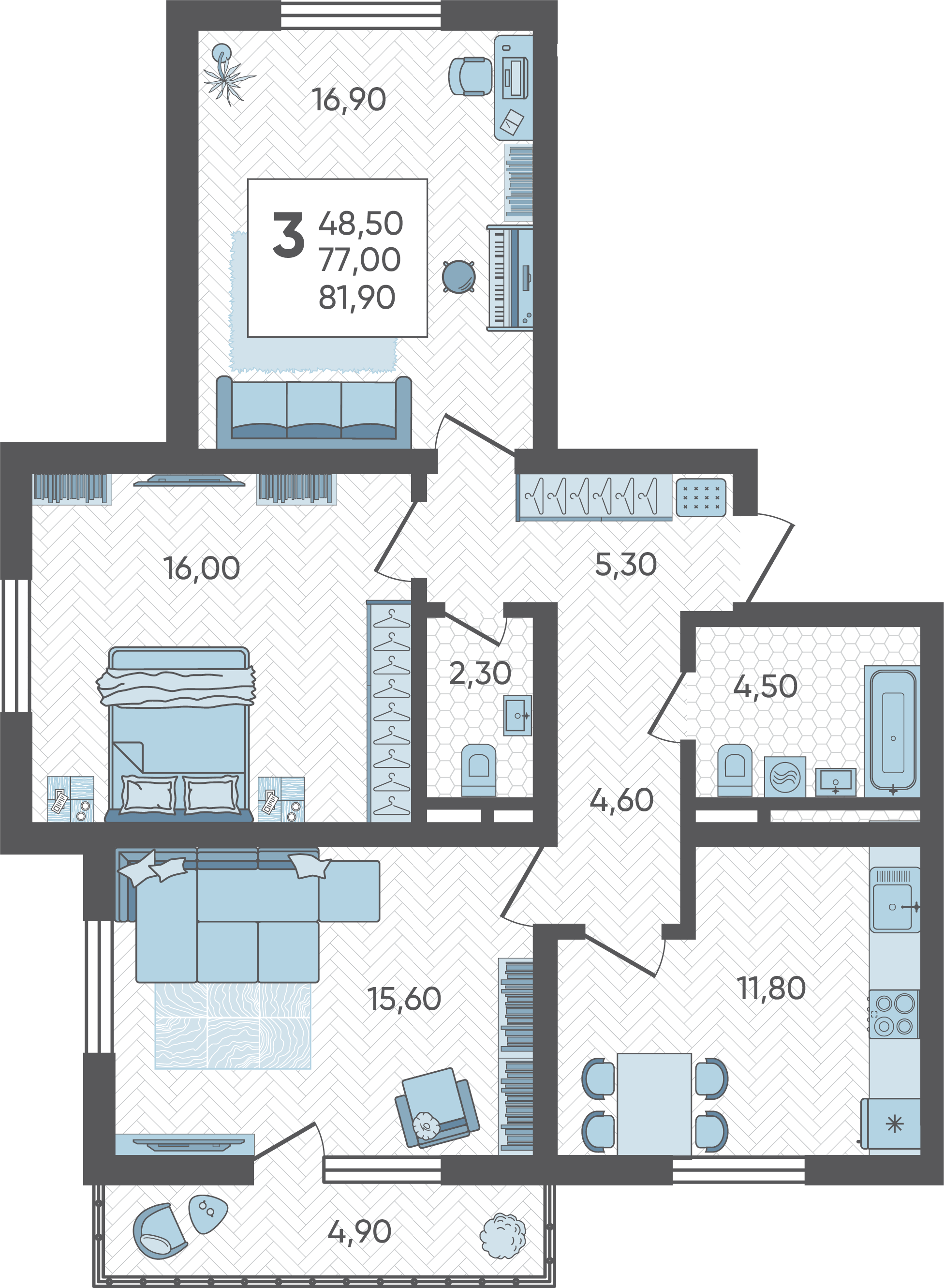 Квартира этаж 10, площадь 81.90 м2