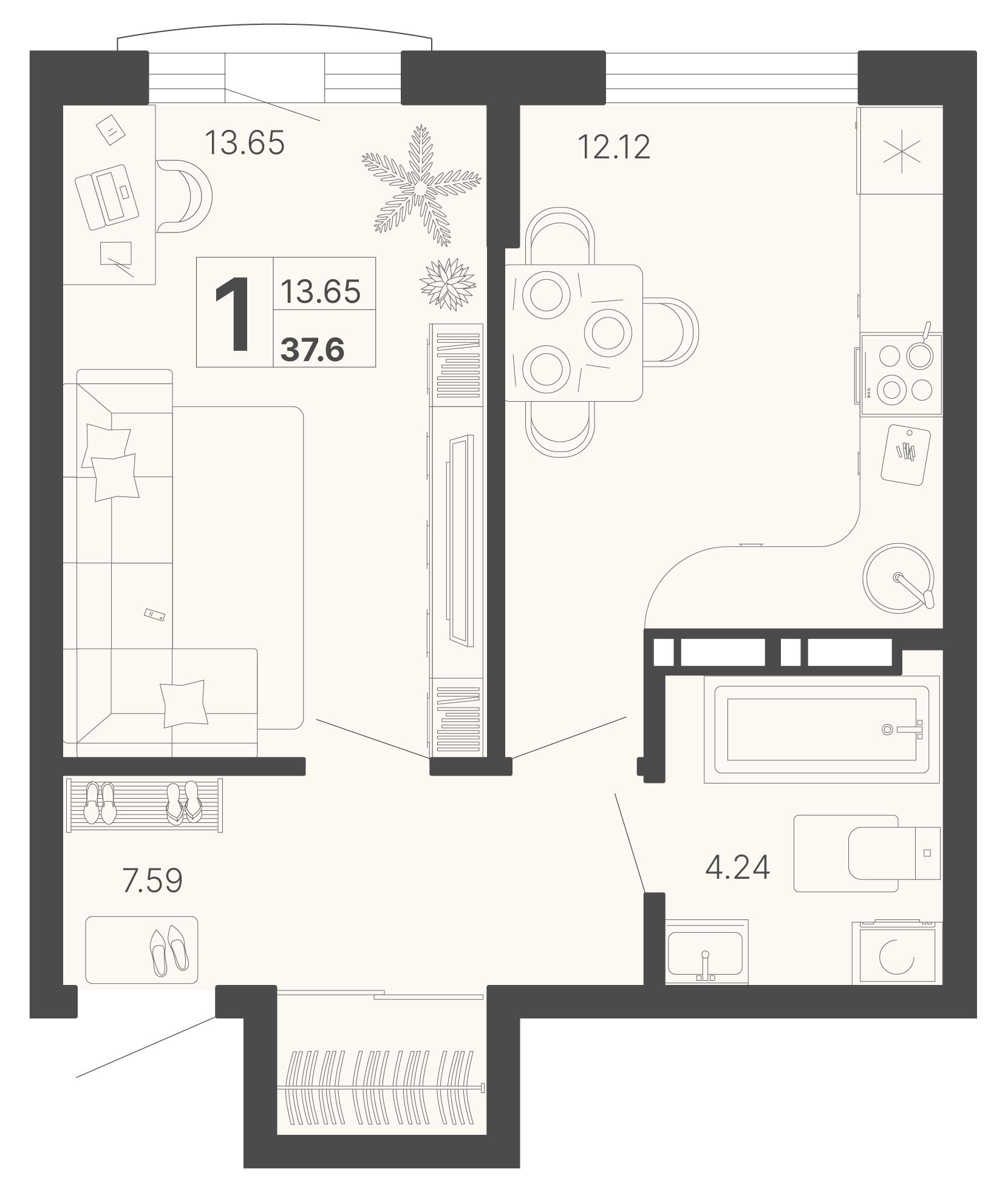 Квартира этаж 13, площадь 37.60 м2