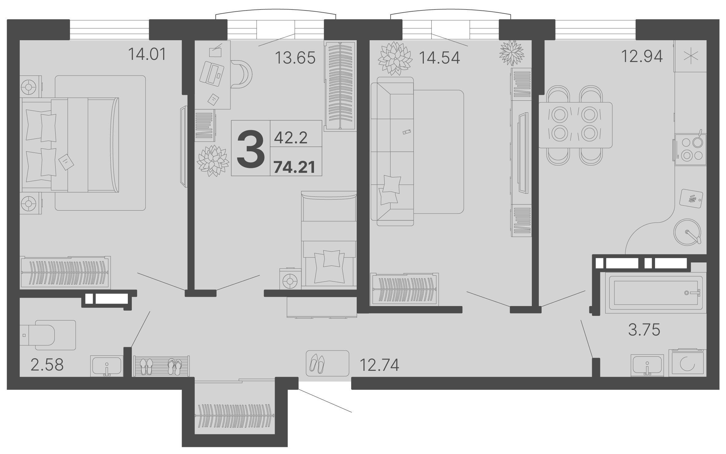 Квартира этаж 8, площадь 74.21 м2