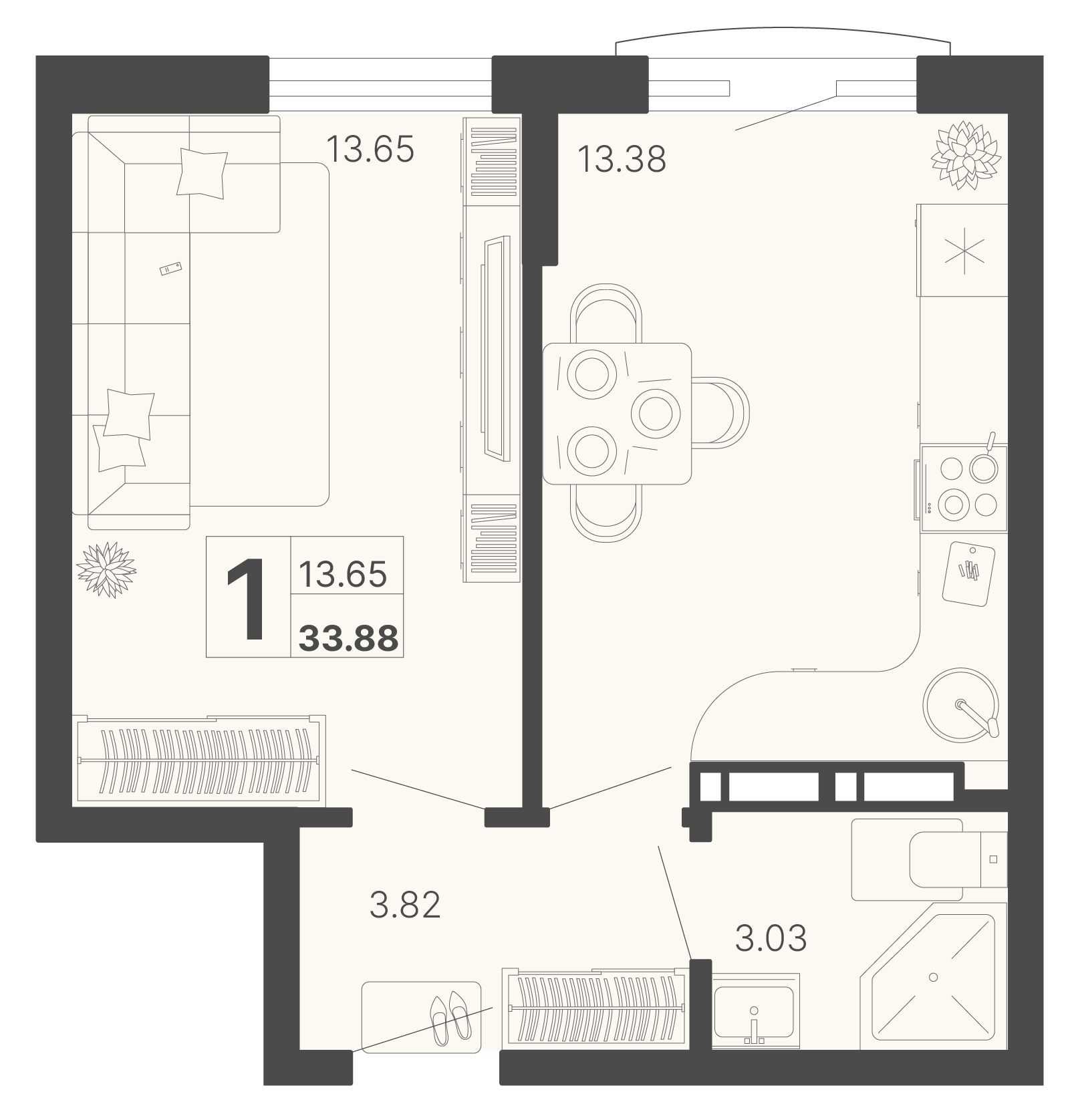 Квартира этаж 9, площадь 33.88 м2