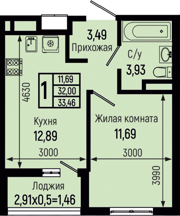 Квартира этаж 12, площадь 33.46 м2