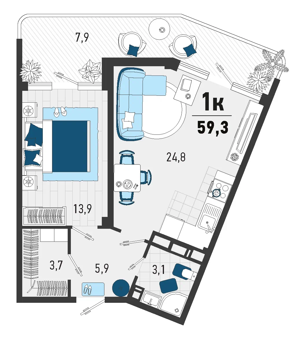 Квартира этаж 3, площадь 59.30 м2