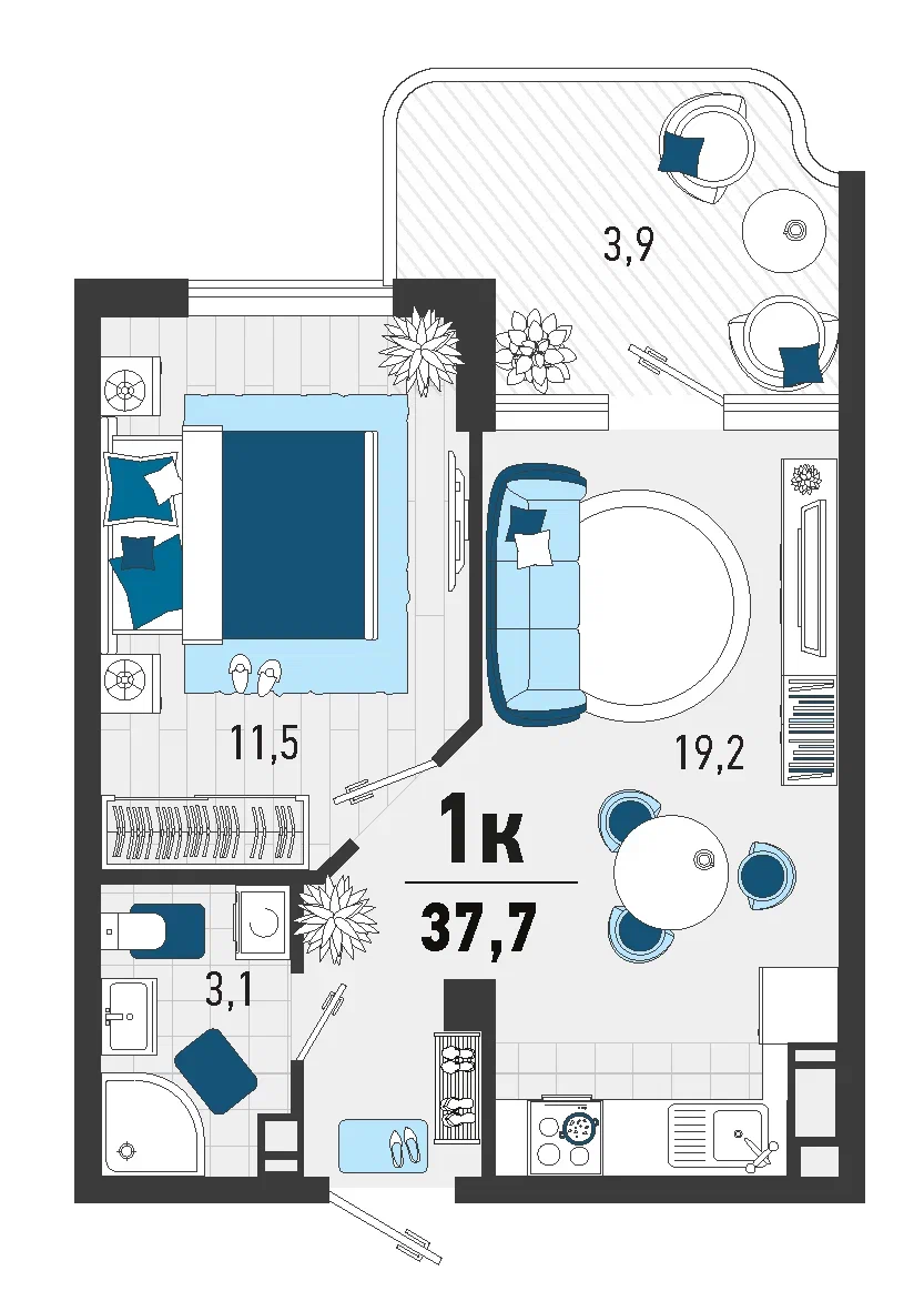 Квартира этаж 3, площадь 37.70 м2