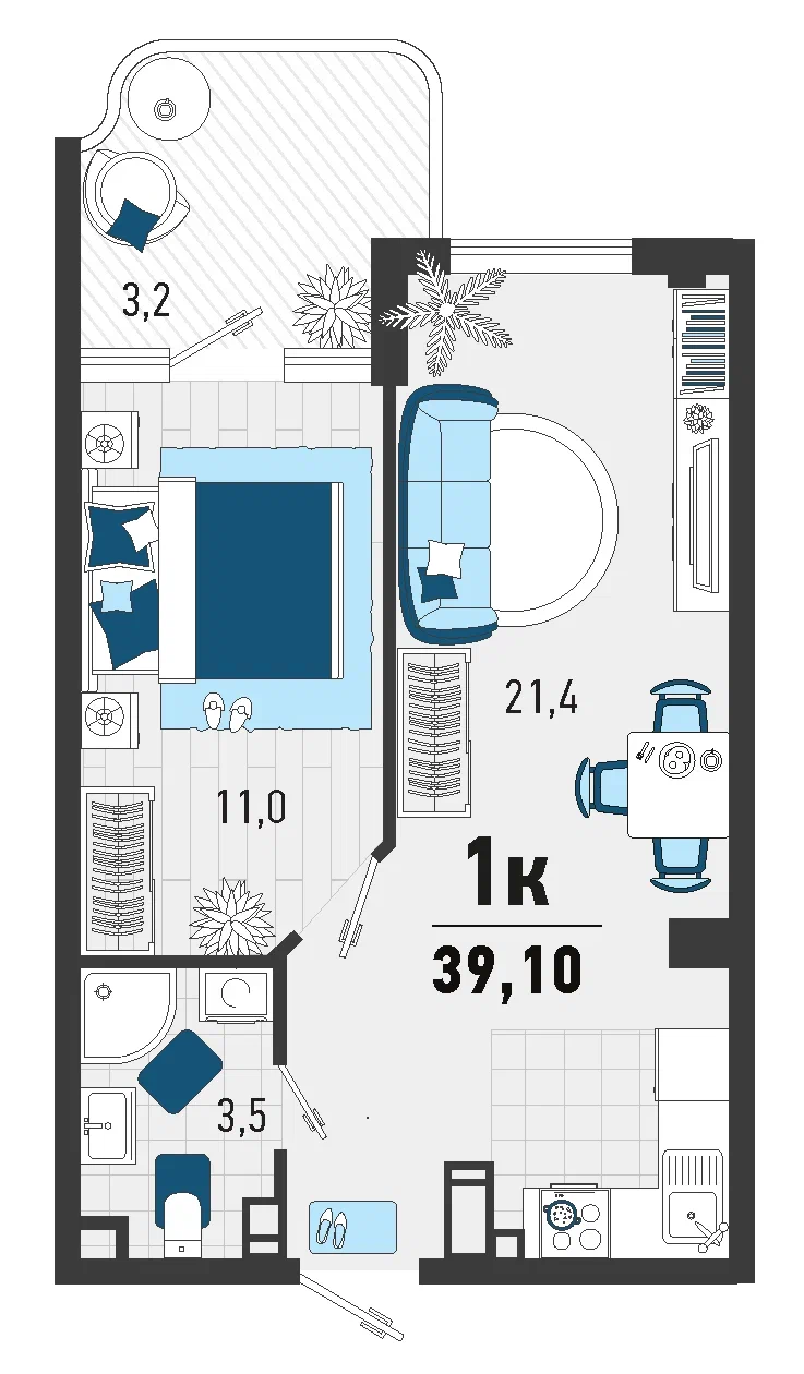 Квартира этаж 2, площадь 39.10 м2