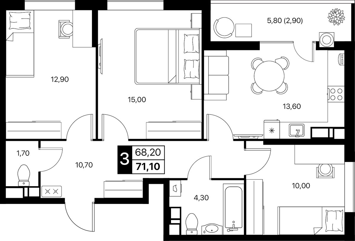 Планировка 3-комнатная 71,1 м²