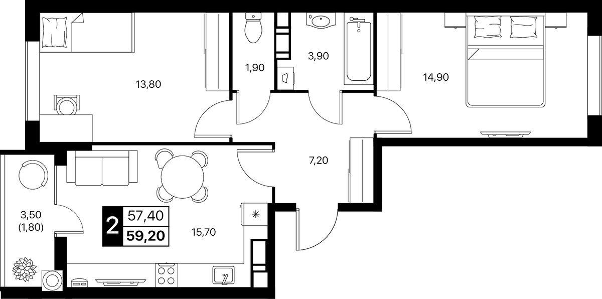 Планировка 2-комнатная 59,2 м²