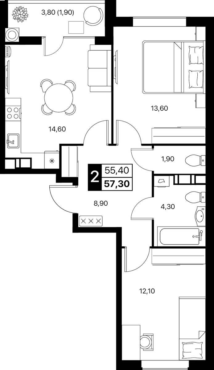 Планировка 2-комнатная 57,3 м²