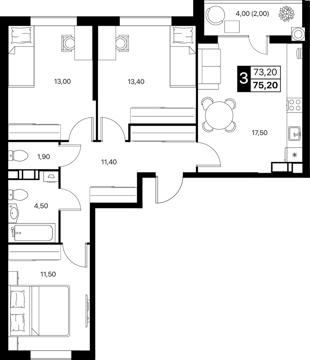 Планировка 3-комнатная 75,2 м²