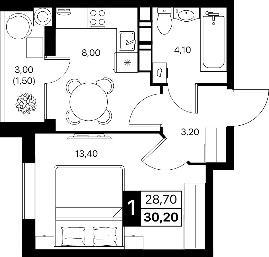 Планировка 1-комнатная 30,2 м²
