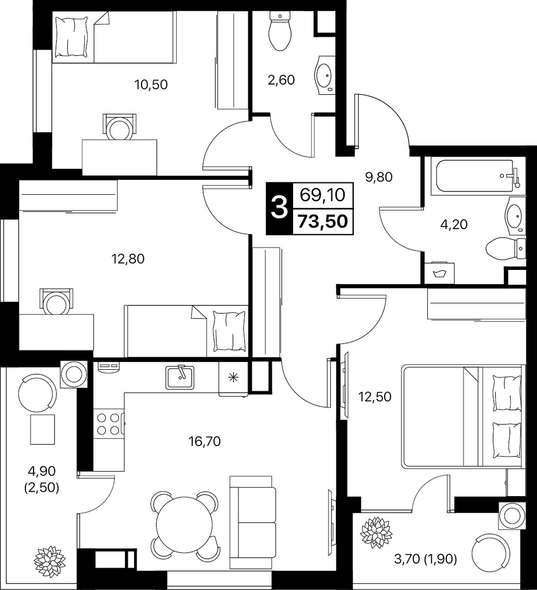Планировка 3-комнатная 73,5 м²
