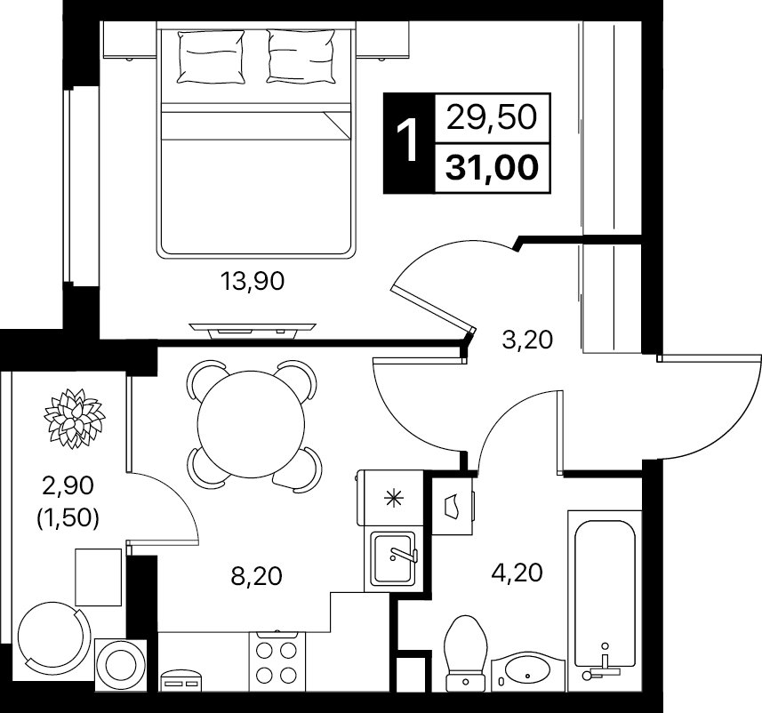 Планировка 1-комнатная 31 м²